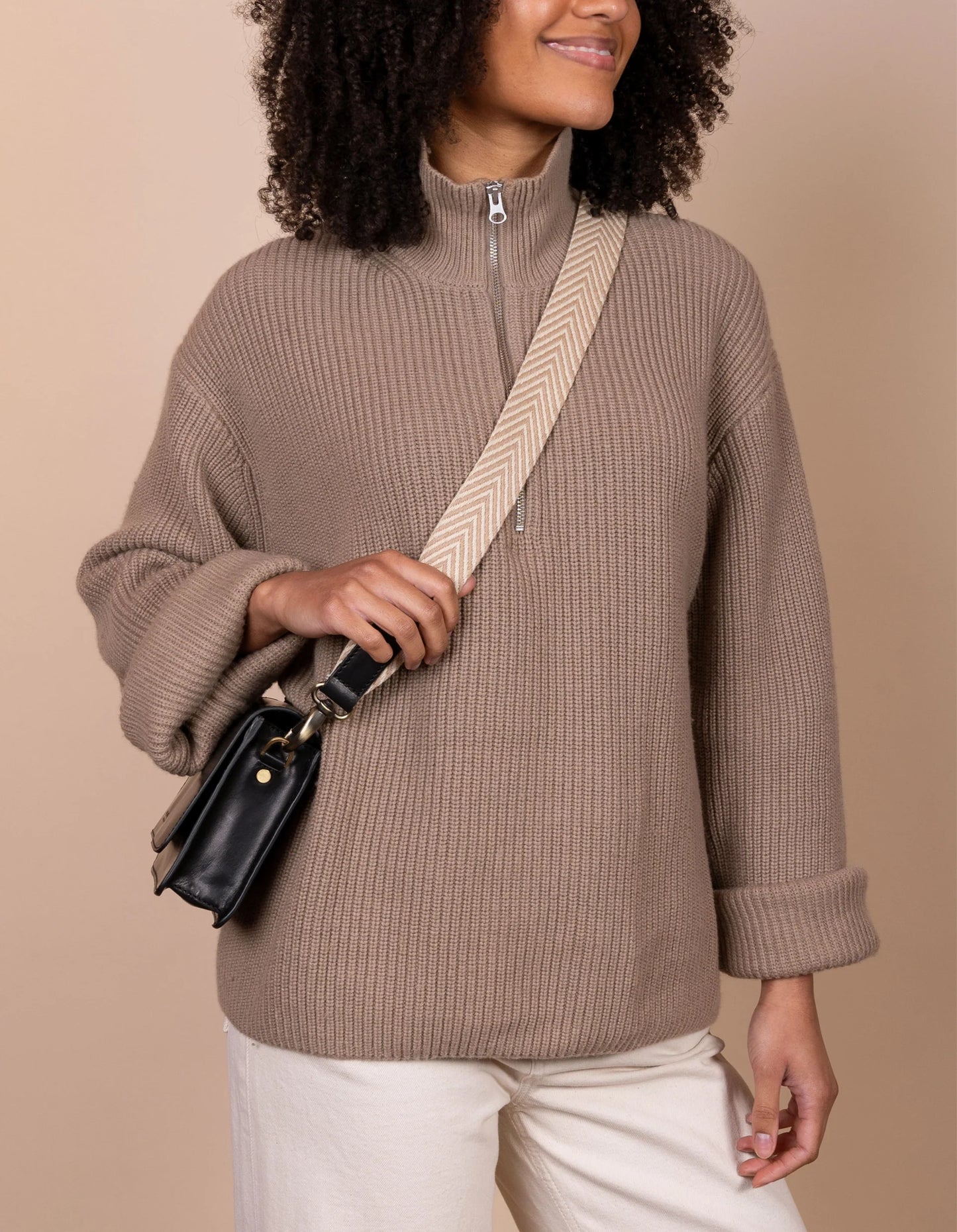 Visgraat Webbing Strap - Zand & Zwart Klassiek Leer